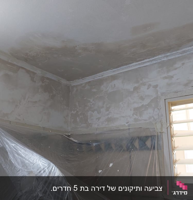 קיר ותקרה עם טיח מתקלף, כיסוי ניילון על רהיטים